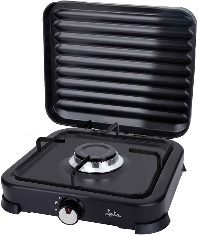 JECG2721 - Fogão portátil a gás com 1 queimador e grelhador. Adequado para butano e propano. Com tampa protetora removível. Ideal para acampar. Ocupa pouco espaço