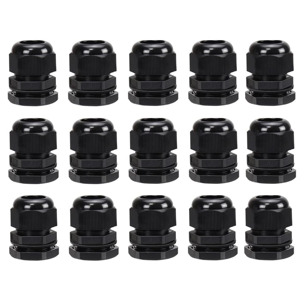 15 Pack M20 20mm IP68 Waterproof Black Cable Glands, Suitable for 6mm - 12mm Cables, Plastic Nylon Compression Glands Connectors with Locknut and Washer - AVARTEK (Black)