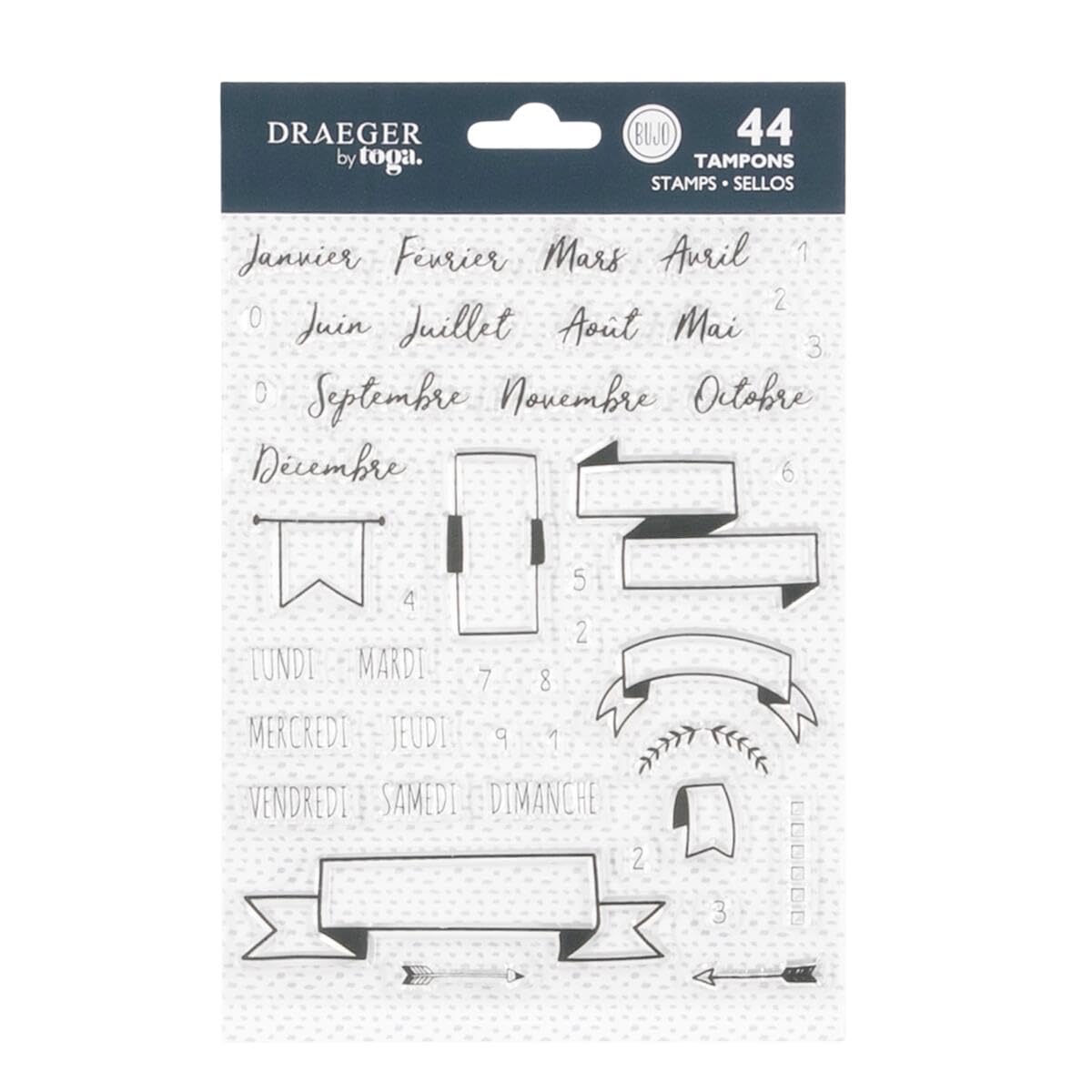 DRAEGER Paris 1886-43 Transparent Stamps Jungle Vibes – Bullet Journal – Banners, Numbers 0-9, Days, Months – Flexible Silicone Stamp – 14 x 18 cm – Scrapbooking and DIY Creative