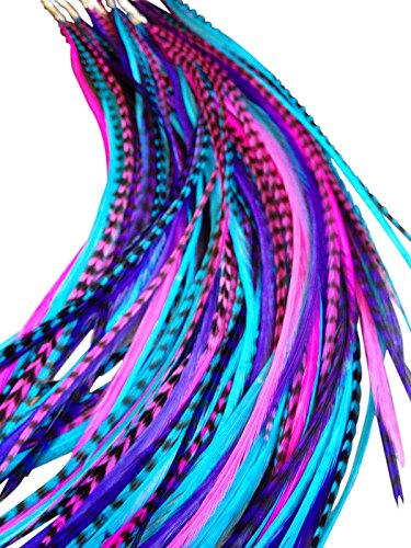 Feather Hair Extensions, 100% Real Rooster Feathers, Long Pink, Purple, Blue Colors, 20 Feathers with Bonus FREE Beads and Loop Tool Kit