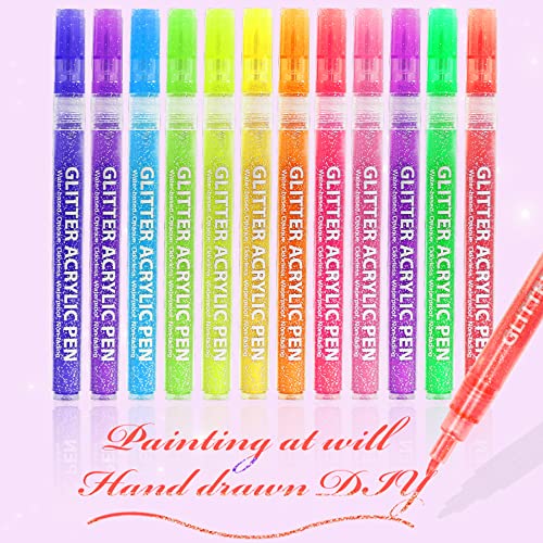 SMOOTHERPRO Glitter Paint Pens Acrylic Ink Markers 12 Colors 0.7mm Rock