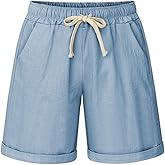 Fuwenni Women's Casual Elastic Waist Comfy Curling Knee Length Bermuda Shorts with Drawstring