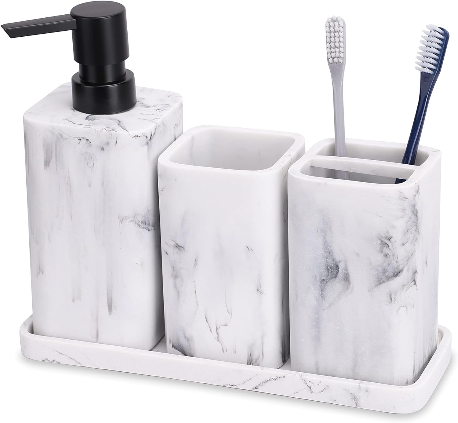 zccz Marble Bathroom Accessory Set - 4 Piece Complete Set - Soap Dispenser, Toothbrush Holder, Tray, Tumbler - Vanity Organizer, White