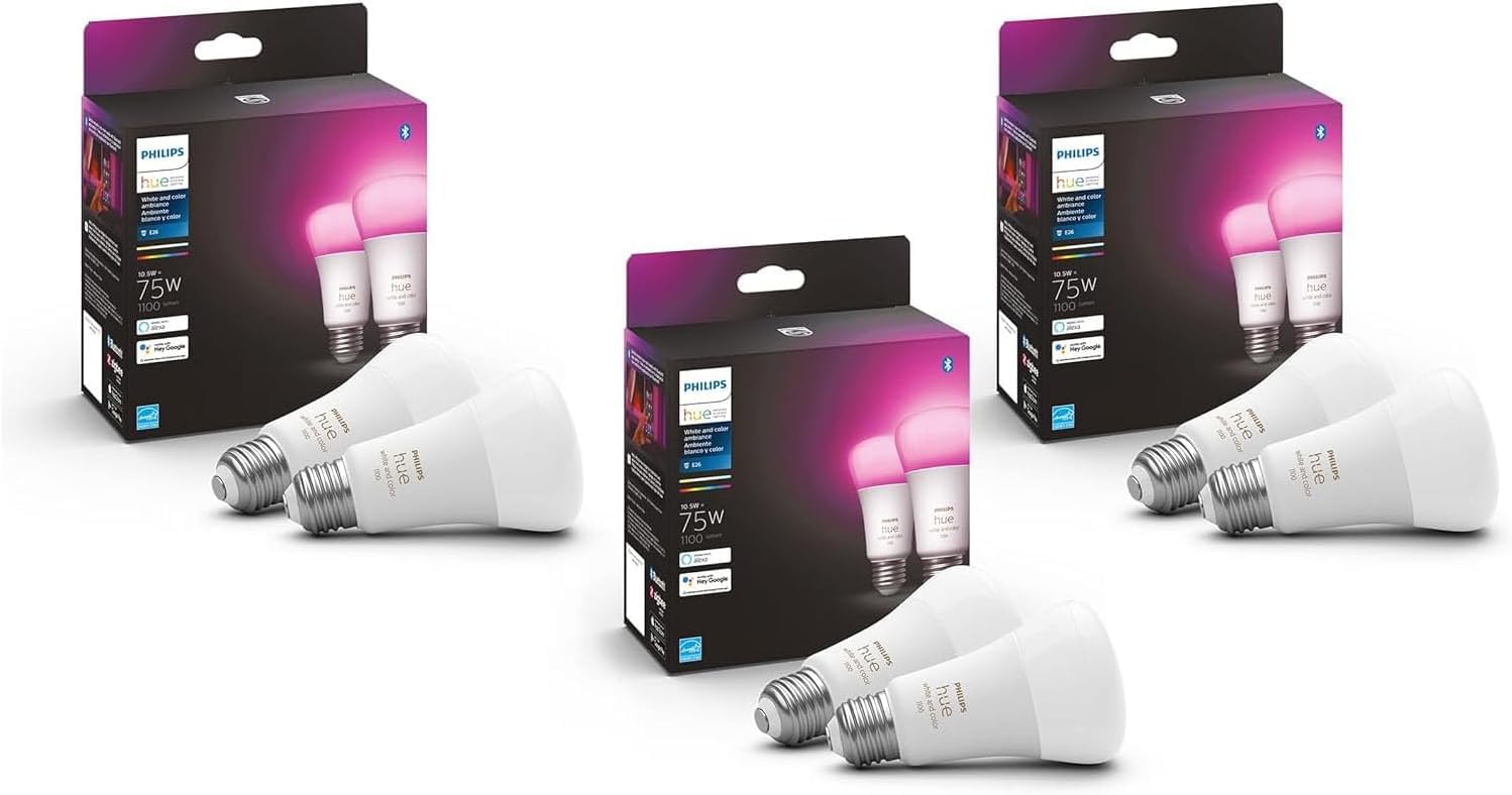 Philips Hue Smart 75W A19 LED Bulb - White and Color Ambiance Color - Changing Light - 6 Pack - 1100LM - E26 - Indoor - Control with Hue App - Works with Alexa, Google Assistant and Apple Homekit Image