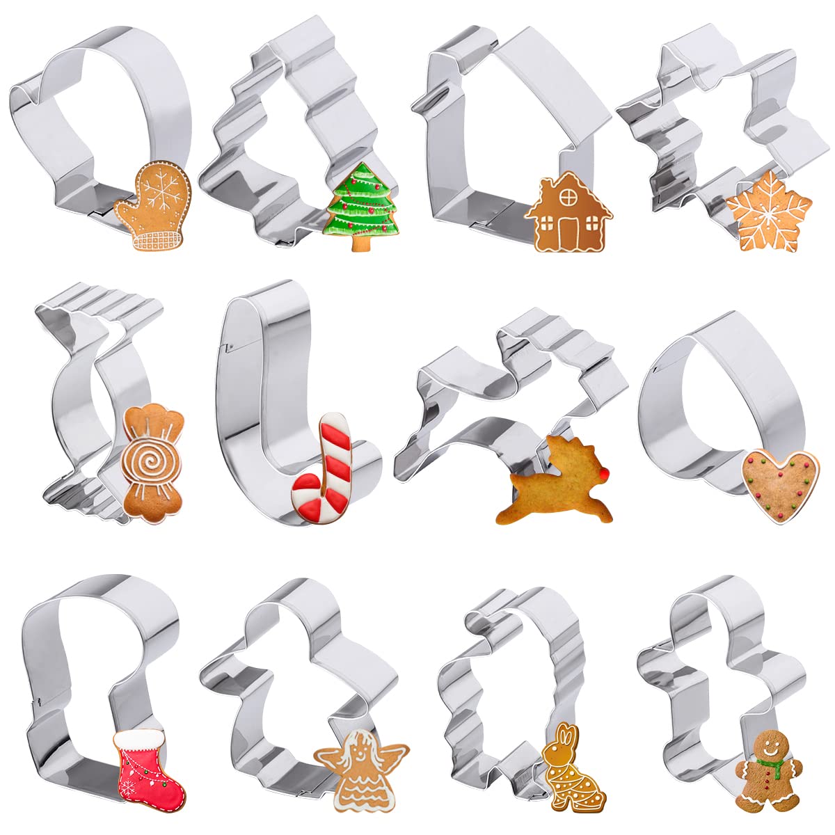 OUNONA 12pcs Non-Stick Stainless Steel Christmas Cookie Biscuit Cake Molds DIY Chocolate Fondant Moulds Including Gingerbread Man, Tree and Snowflake