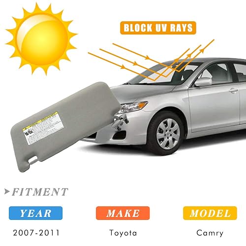 Left Driver & Right Passenger Sides Sun Visor Without Light For Toyota Camry Without Sunroof 2007 2008 2009 2010 2011 Gray Sunvisor Replacement 74310-06750-E0, 74320-06780-B0