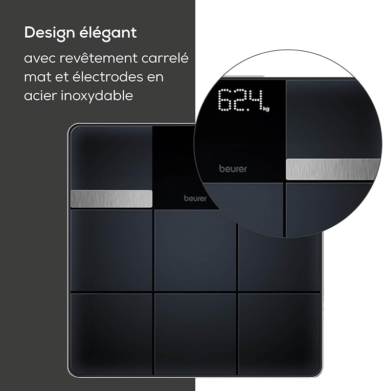 BF 450 Pèse-personne avec connexion à l'application via Bluetooth, balance impédancemètre numérique avec 17 valeurs mesurées, structure de carreaux mats, 8 mémoires utilisateur, 180 kg