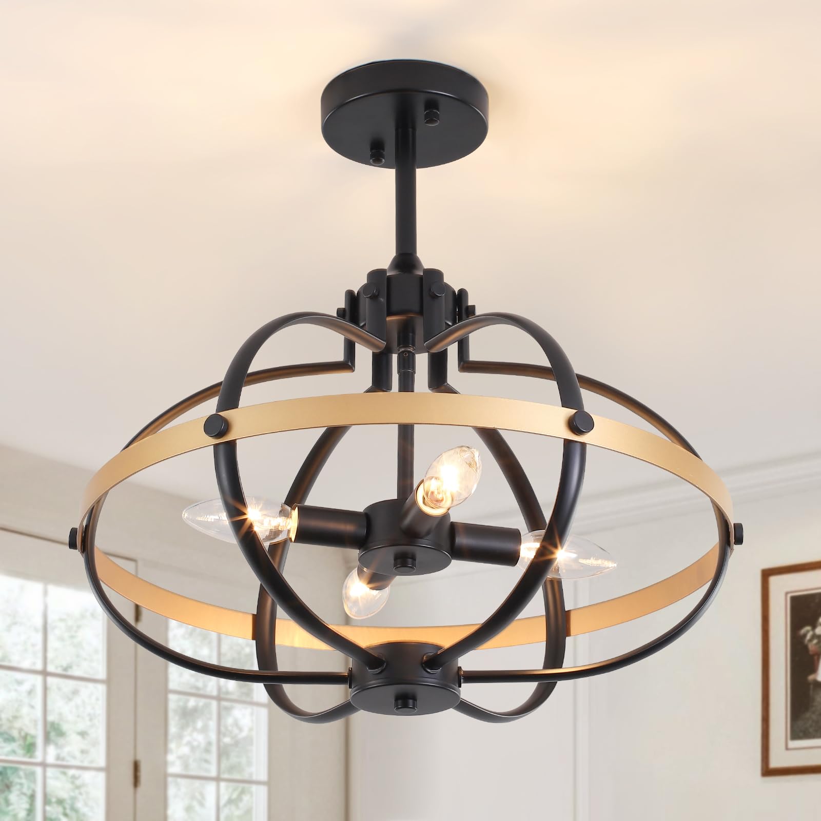 Photo 1 of 17.71'' Farmhouse Semi Flush Mount Ceiling Light Fixture 4-Light Rustic Metal Ceiling Lighting Fixture Modern Industrial Dining Room Light Fixtures Black and Gold Chandeliers for Kitchen Entryway E12