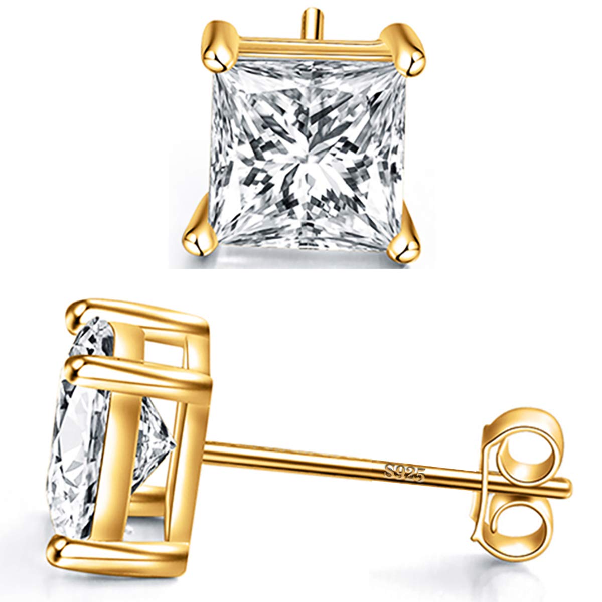 Square Stud Earrings 18k Gold Plated 925 Sterling Silver 4 Prong Square Cubic Zirconia Ear Stud for Women Men Girl