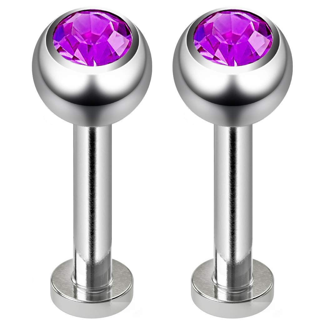 Evonix 2pc 16g 1.2mm Stainless Steel Tragus Earrings Purple Crystal Amethyst Studs Women 6mm Piercing Jewellery