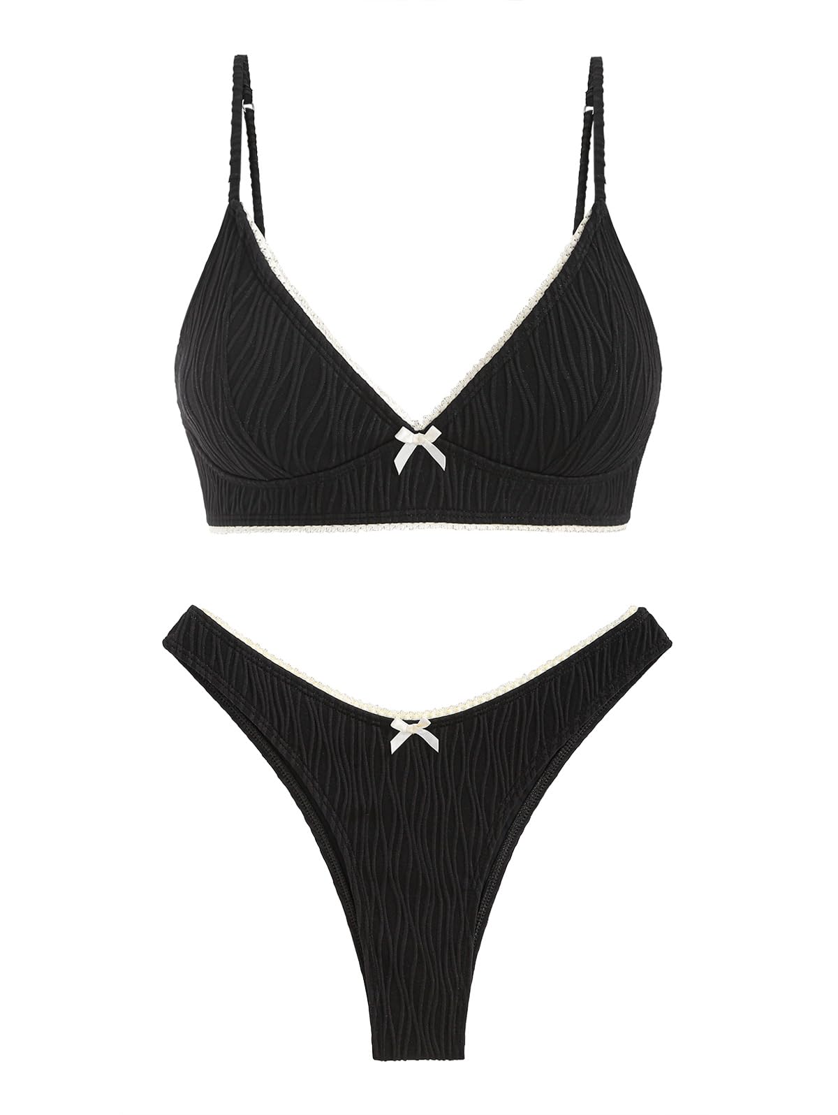 Photo 1 of seamoly Women‘s Bikini Sets Two Piece Swimsuit Wave Textured Lace Trim Bow High Leg Cheeky Bikini Set Black, XS