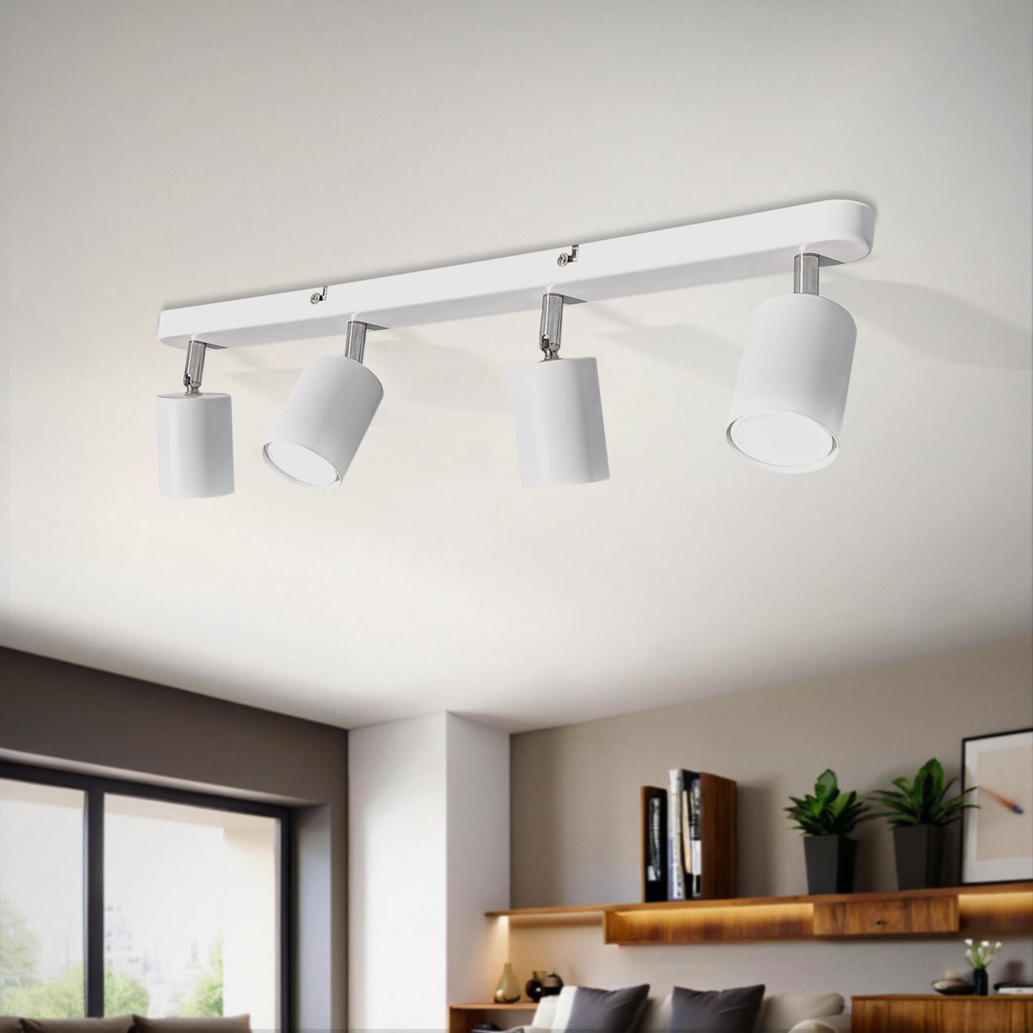 Sweier White 4-Way Rotatable GU10 Ceiling Spotlight Bar - 5W Adjustable LED Light with 6000K Cool White Bulb, Ceiling/Wall Mounted