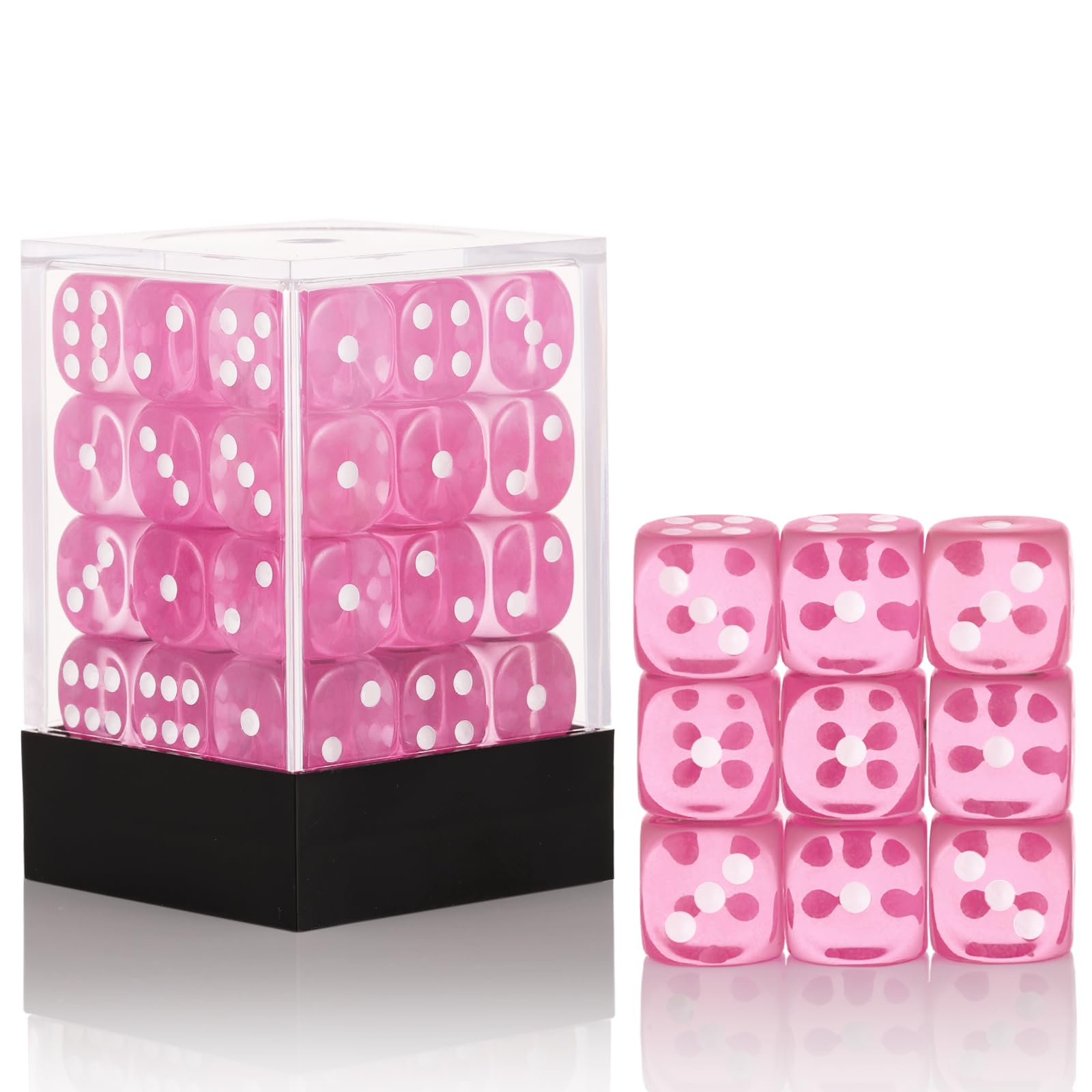 36 of Pack 12MM 6 Sided MINI Dice Set,Translucent Colors Game Dice Set, 6 Sided Standard Colored Dices for Tenzi, Farkle, Yahtzee, Bunco or Teaching Math, with Portable Plastic Box(Pink)