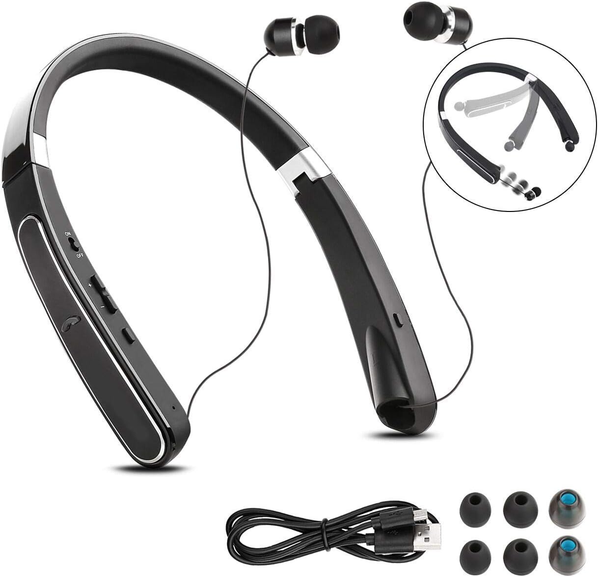 Foldable Bluetooth Headsets, BAIKAWA Wireless Neckband Headphones 33 Hrs Playtime with Retractable Earbuds, Sports Sweatproof Stereo Earphones with Mic for iPhone, Android, Cell Phone (Black) …