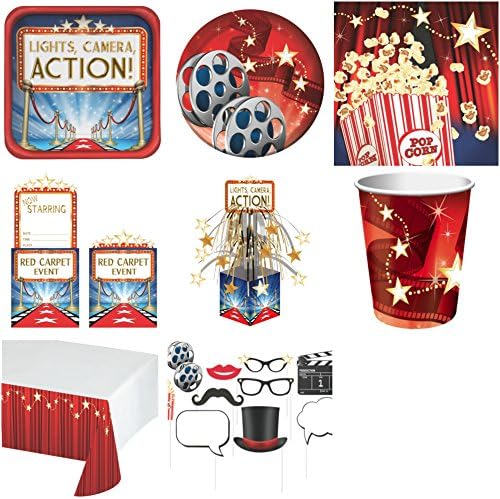 100 Piece Red White Blue Hollywood Red Carpet Party Bundle Set Invitations Tablecloths Napkins Luncheon plate Dessert Plates Cups Centerpiece and Photo Props