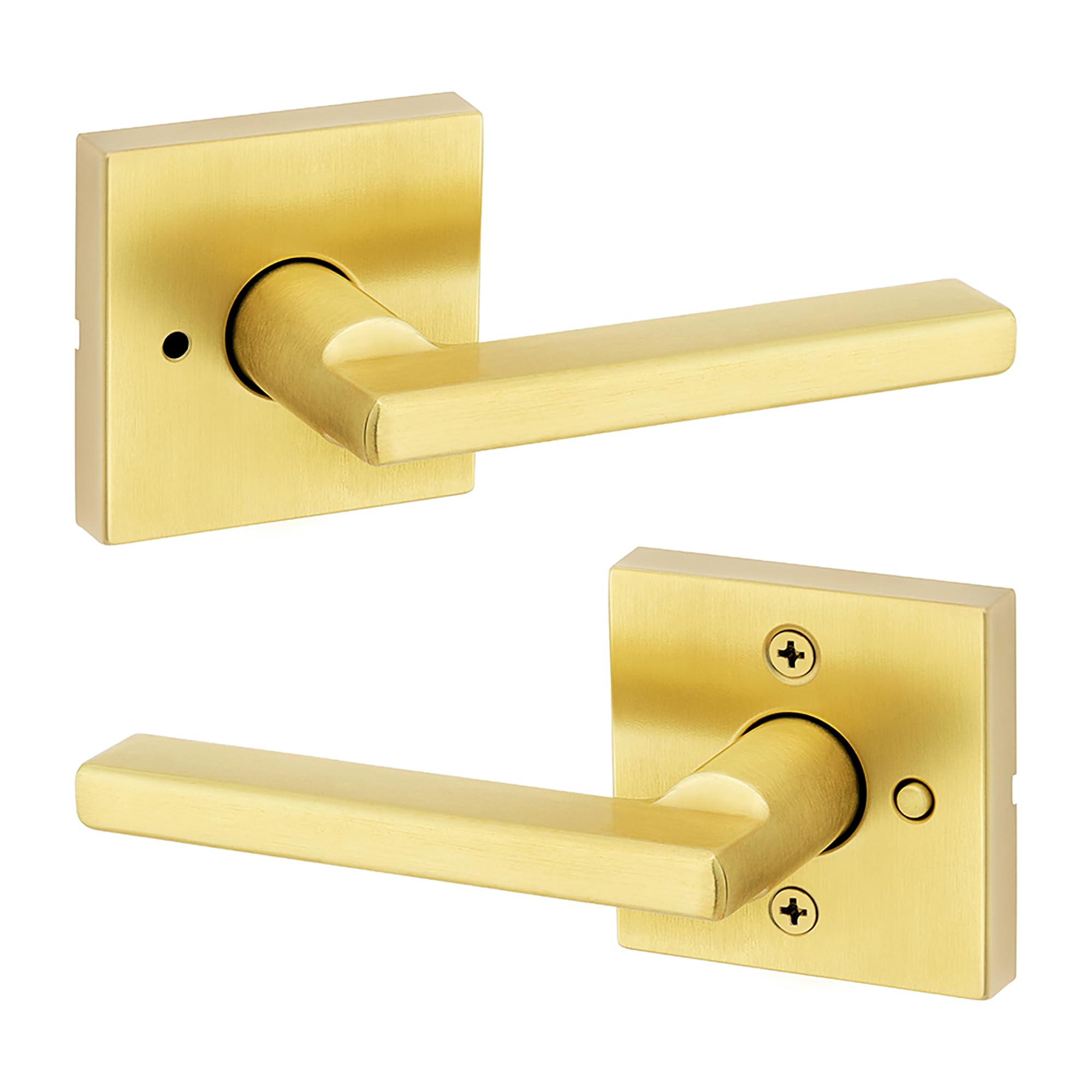Photo 1 of Kwikset Halifax Interior Privacy Door Handle with Lock, Door Lever for Bathroom and Bedroom, Satin Brass Reversible Keyless Push Button Lock Door Lever, with Microban Protection
