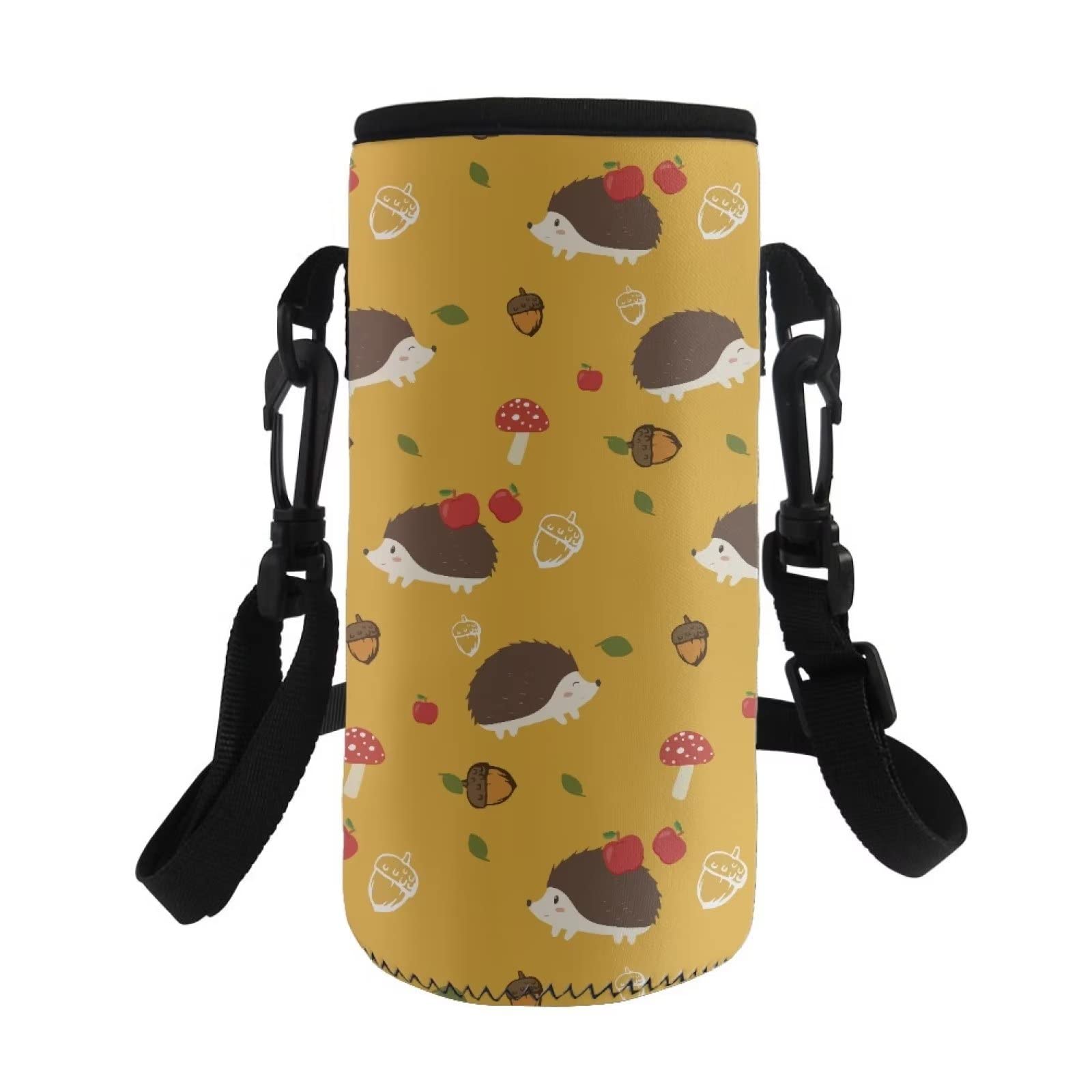 COEQINE Insulated Neoprene Water Bottle Carrier Holder Bag Print Hedgehog Mushroomo Adjustable Shoulder Strap for Adult Kids Walking Hiking Stainless Steel and Plastic Bottle