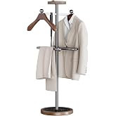 MLAVUDM Valet Stand, Stainless Steel Suit Stand with Sturdy Marble Base | Freestanding Clothes Valet with 2 Wooden Hangers, Leather Tray, Trouser Bar, for Office Entryway, H: 54.33"