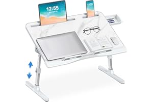 EVETTO Bed Desk for Laptop - Marble Pattern, Adjustable X-Large Foldable Lap Desk, Laptop Lap Desk with 2 Movable Stoppers and Drawer for Bed Couch Floor Writing Eating Working (23.6 inch)
