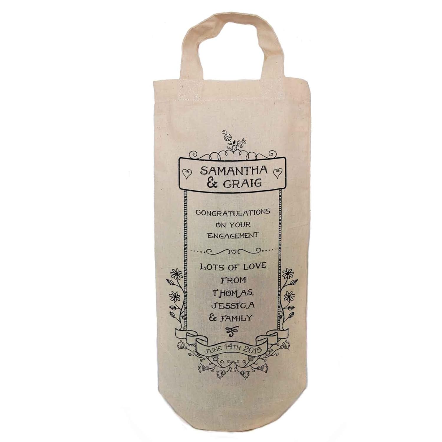 Personalised Natural Cotton Wine Bottle Bag. with Handles. Engagment