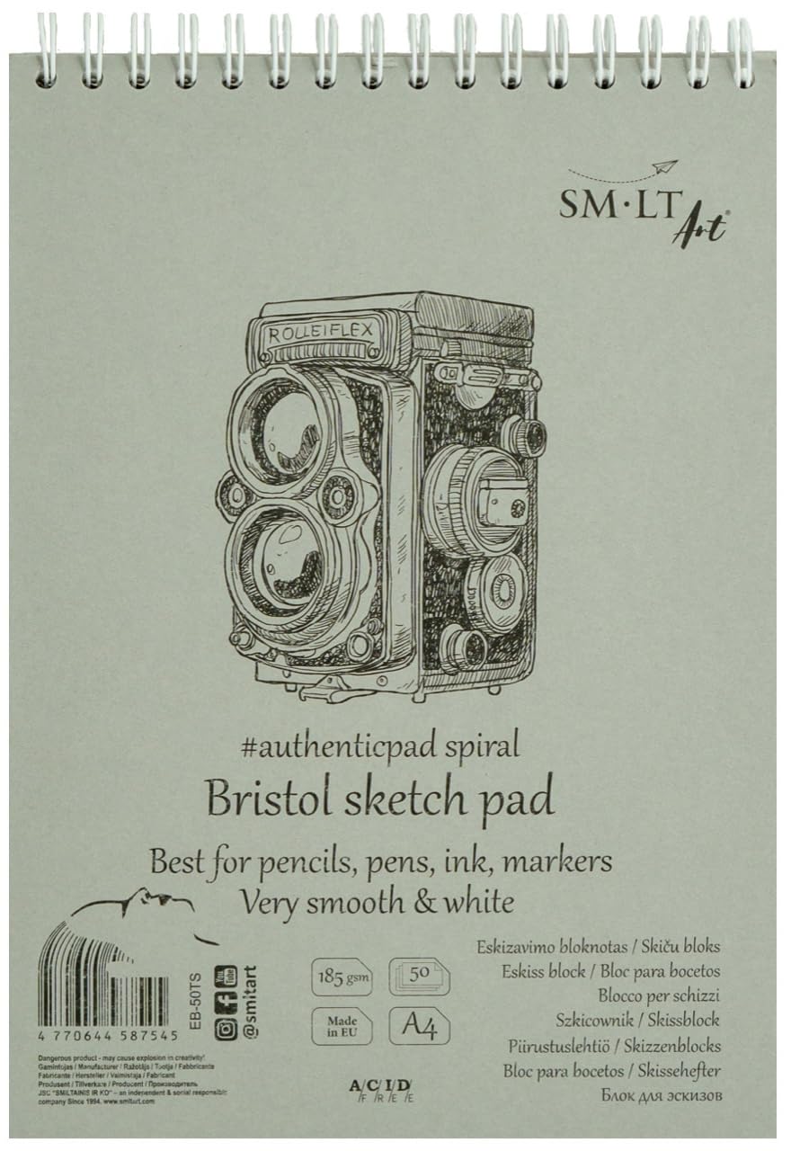 SM. LT 50ts Authentic Line A4 Sketchpad and Smooth Bristol Paper, 50 Sheets, Perforated, with Double Spiral, 185 GSM Recycled Extra White