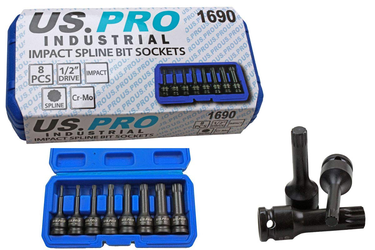 Us Pro by Bergen 8pc 1/2'' Impact Spline Socket Bit Set M5-M18 Bits Cr-Mo 80mm Length B1401