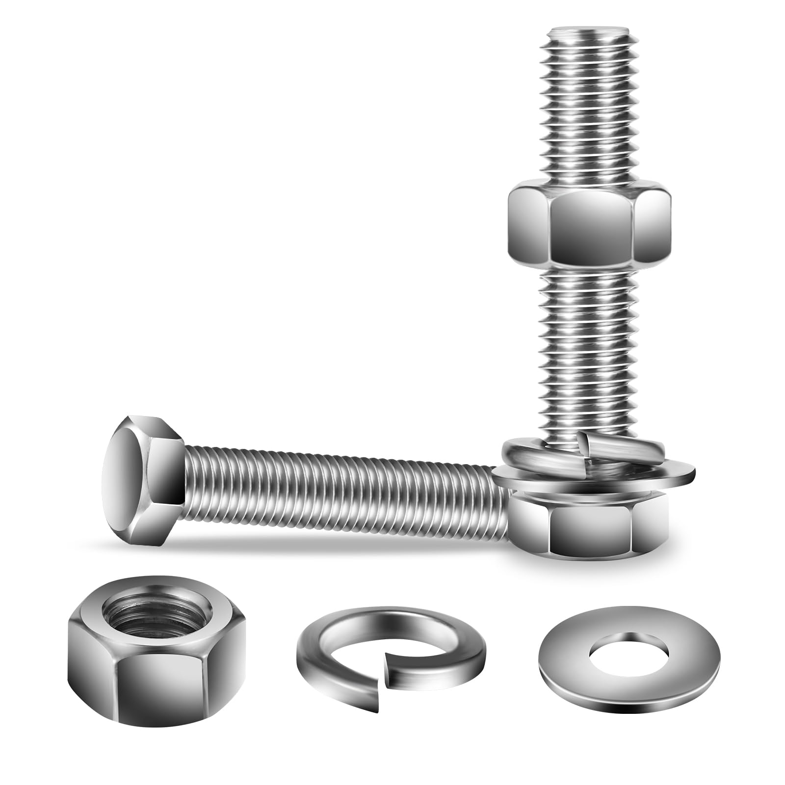 Photo 1 of 3/8-16 x 3" Hex Head Screw Bolt, Nuts, Flat & Lock Washers, 20Pcs 18-8 (304) Stainless Steel, Fully Threaded, by SG TZH