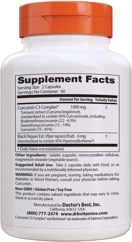 Doctor's Best DRB-00107 High Absorption Curcumin From Turmeric Root with C3 Complex & BioPerine 500mg (120 Capsules): Health & Personal Care