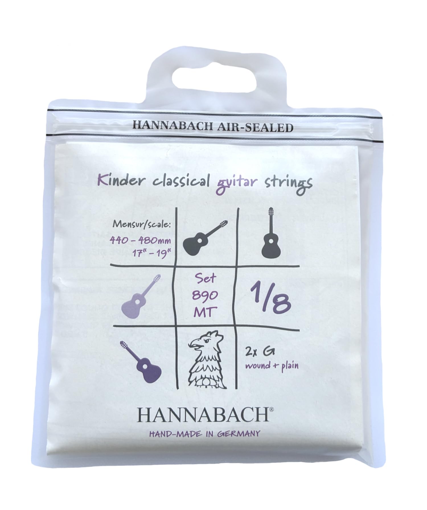 Hannabach Classical Guitar Strings Series 890 MT for 1/8 Children's Guitar Scale: 44-48 cm - Set with 2 G-strings - 890MT 1/8