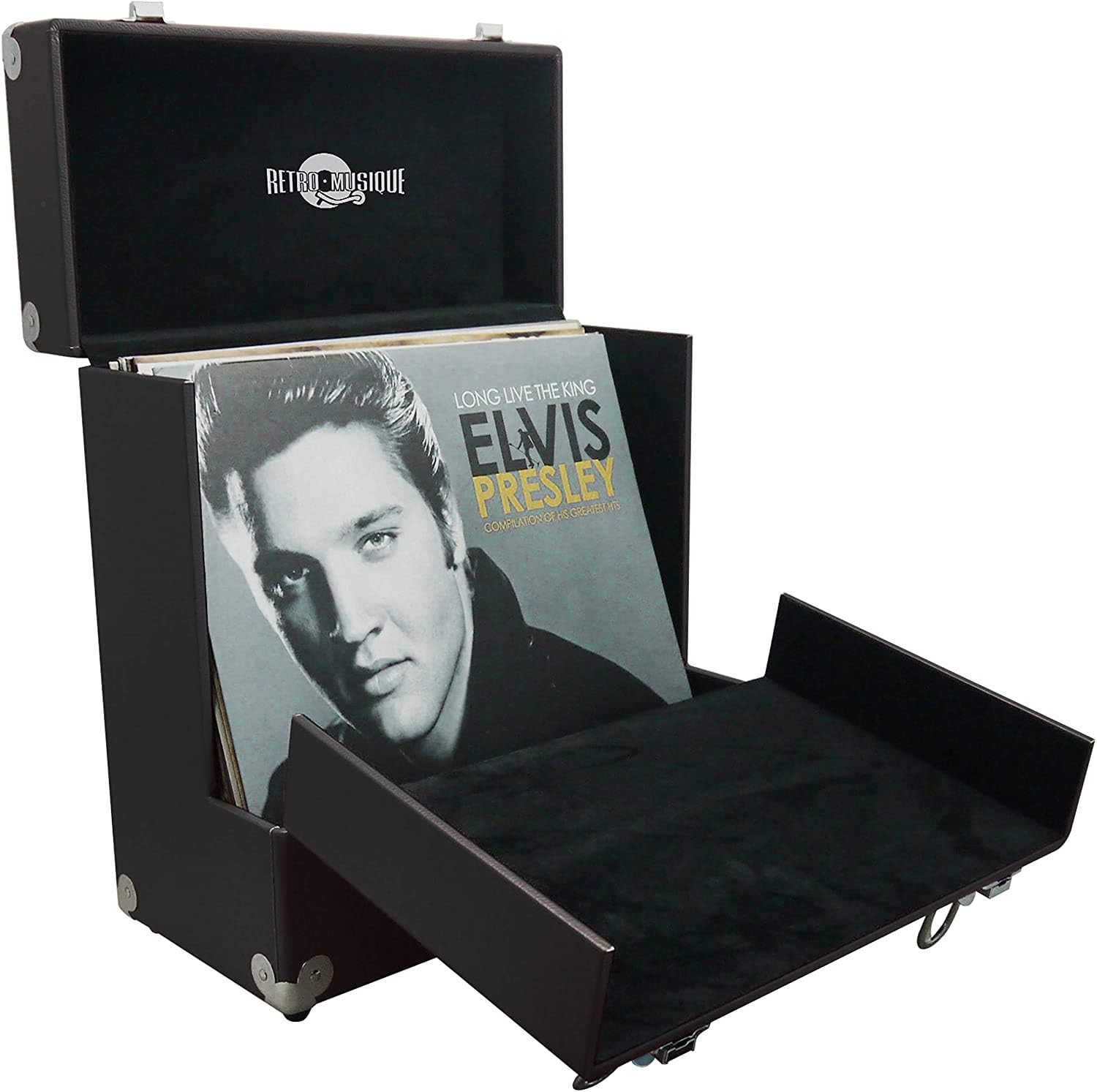Retro Musique 12 Vinyl Record Lp Storage Case With Unique Folding Front Flap For Better Access To Your Lps Black Amazon Co Uk Musical Instruments