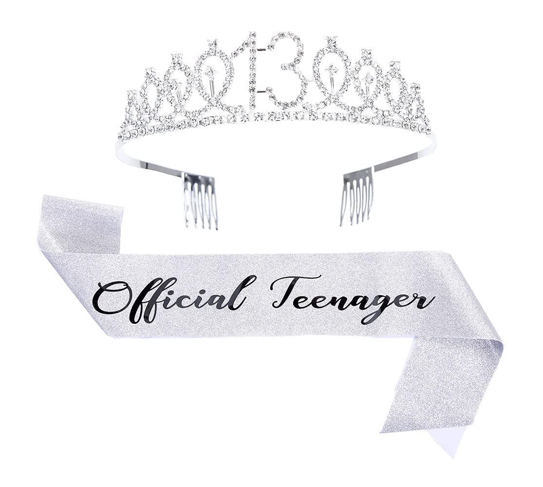 Topfunyy 13th Birthday Tiara and Sash Set - Teenager Sash Silver Crystal Crown Birthday Gift for Girls 13th Birthday Party Supplies