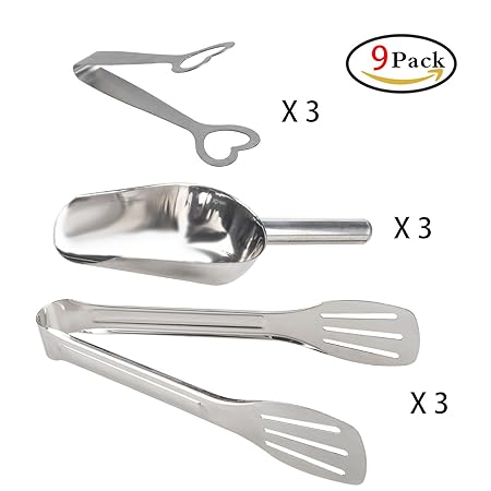 ZesNice 9 Stücke Candy Bar Zubehör, 3 Zangen Zuckerzange und 3 Schaufeln Eisschaufel und 3 Gebäckzange Grillzange Servierzang