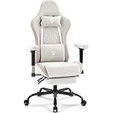 Morkprism Gaming Chair Breathable Fabric,Computer Office Chair with Footrest,Massage Lumbar Support and Gel Pad,Ergonomic Reclining Gamer Chair with Adjustable Armrests and Spring Cushion Beige