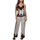 SweatyRocks Women's 2 Piece Satin Lace Trim Pajama Sets Silky Cami and Pants Sleepwear Loungewear