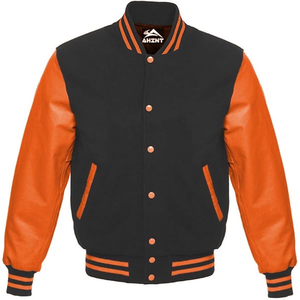 Men's Varsity Jacket Black Wool Real Orange Leather Sleeves