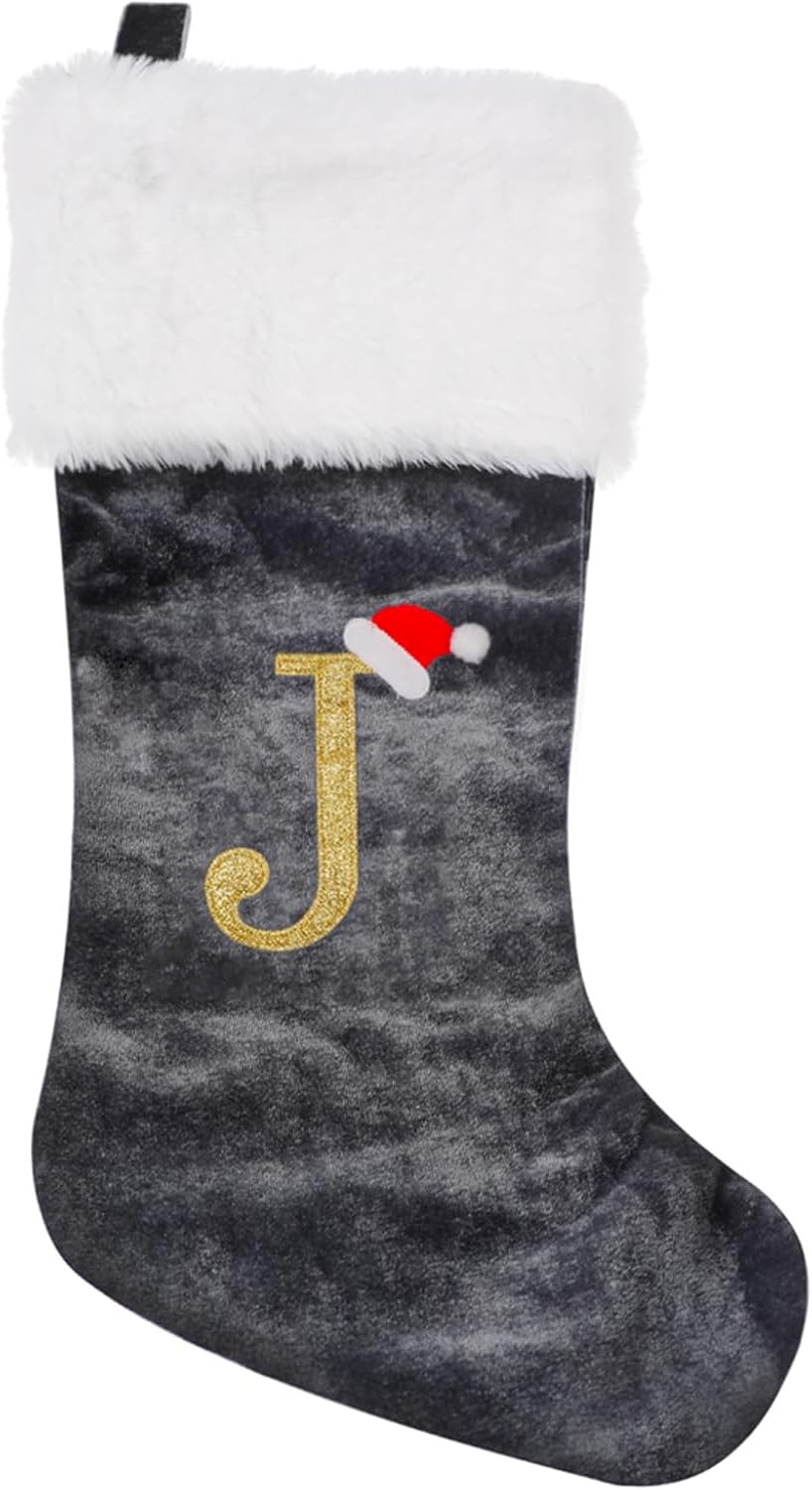 Stockings & Holders - CRSMHLPK 20 Inches Initial Christmas Stocking Monogram Embroidered Christmas Stocking Red Gray Velvet with White Super Soft Plush Cuffs Christmas Decorations Stocking C08-J-Gray