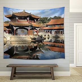 in The Courtyard of an Old Chinese Temple in Kunming, China, Fabric Wall Tapestry Home Decor - 51x60 inches