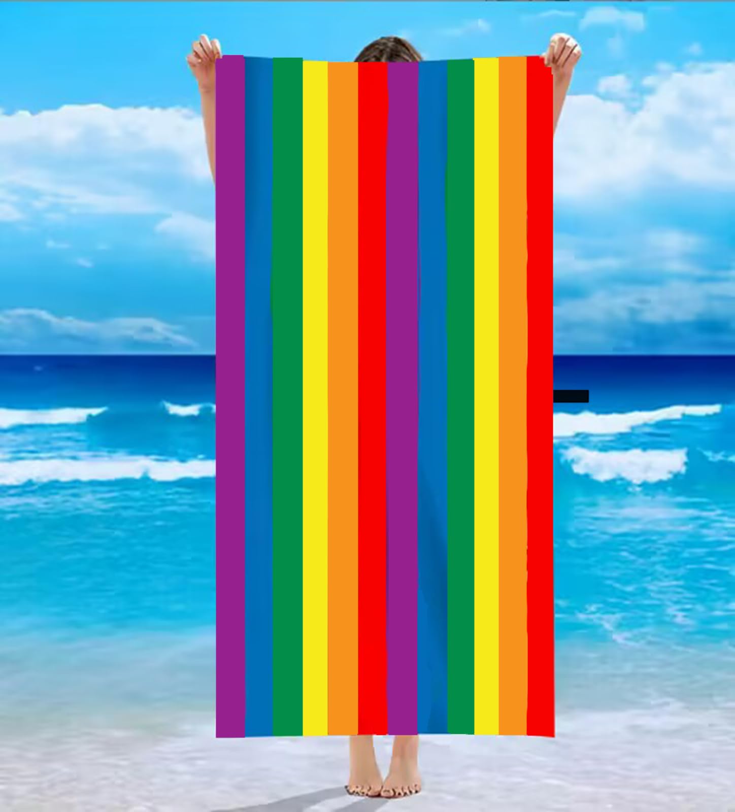 Large Microfibre Beach Towel for Adult,160x90cm Rainbow Striped Sand Free Beach Towel,Lightweight Quick Dry Travel Swimming Towel with Bag,Compact and Thin Sports Towel Yoga Gym for Women Men