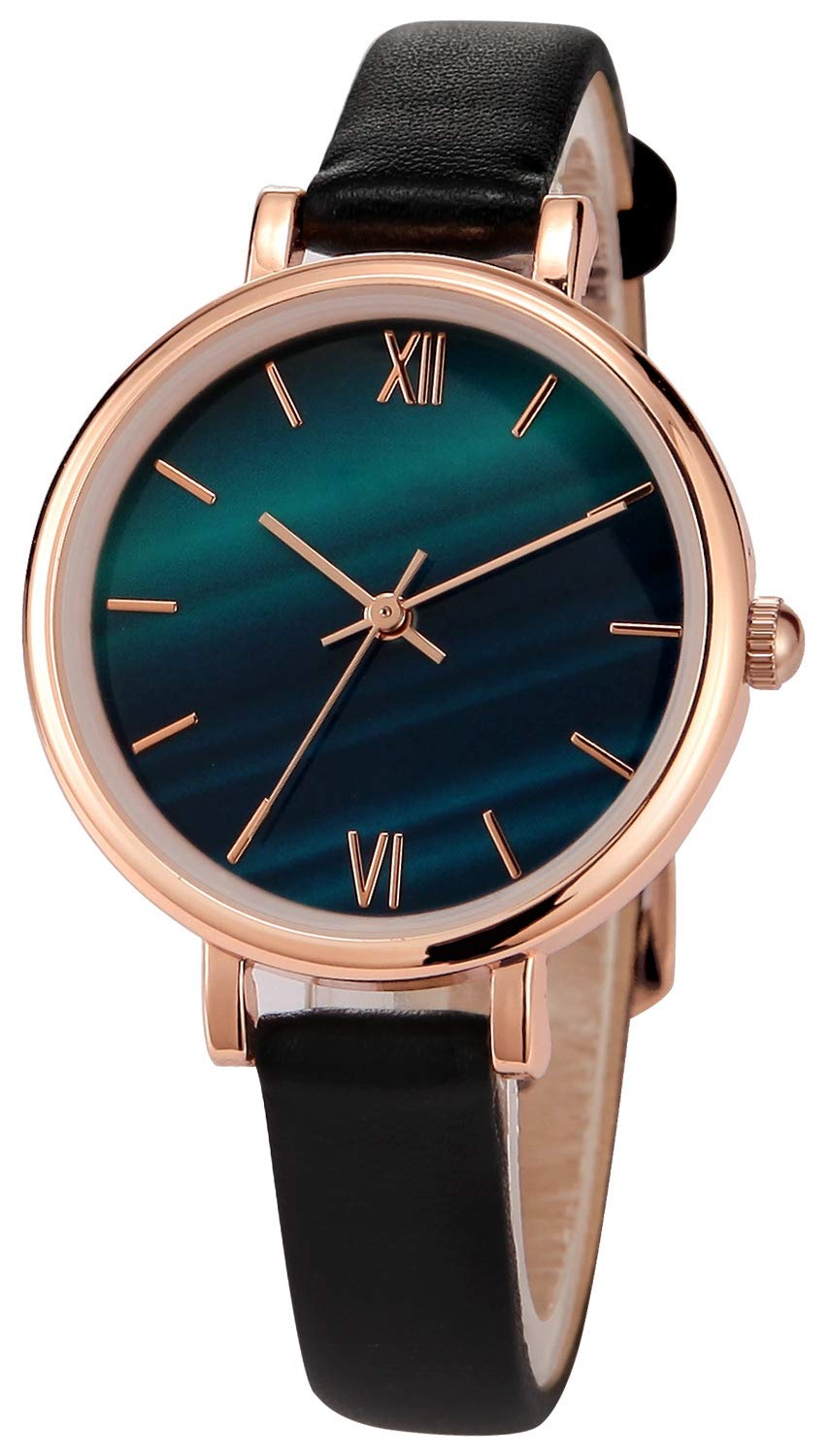 NUOVO Women Watches Ladies Women's Malachite Textured Dial Black Leather Strap Watch Elegant Analogue Classic Quartz Watches for Women