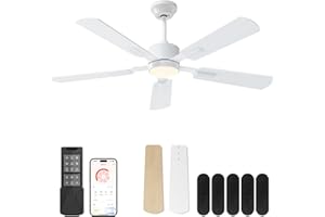 CubiCubi Ceiling Fans with Lights - 52 inch White Ceiling Fan with Light and Remote/APP, Dimmable, Super Quiet, Modern Ceiling Fan for Indoor Bedroom, Living Room, Kitchen