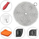 Cast Iron Cleaner Cosmer XL 7x7 inch Premium Stainless Steel Chainmail Scrubber With Bonus Silicone Hot Handle Holder + Pan Scraper + Grill Scraper + Kitchen Towel + Wall Hook (Round)