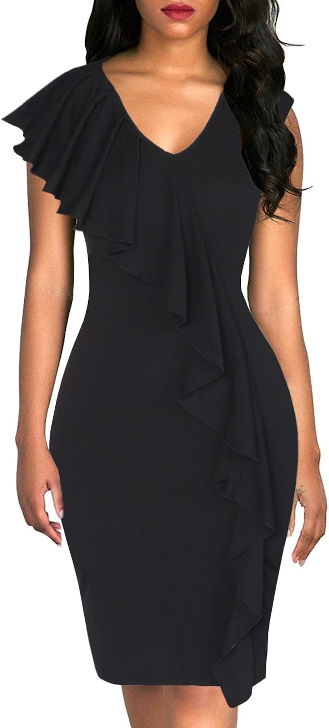 black v neck ruffle dress