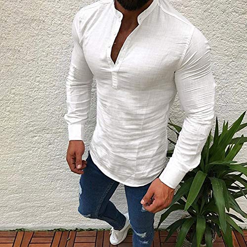 Simayixx Men Shirts Male Casual Linen Long Sleeve T-Shirt Fashion V-Neck Button Up Tops Business Fit Clothes Beige