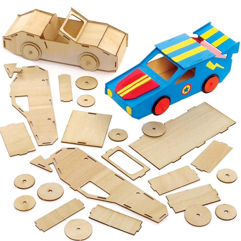 Baker Ross FE625 Racing Car Woodcraft Kits - Pack of 2, Wooden Crafts for Children to Decorate and Display, Kids Educational Activity