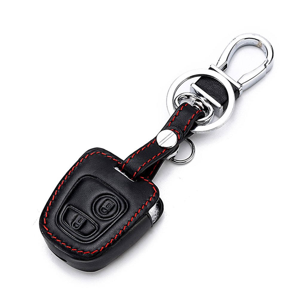Happyit Leather Car Key Case Cover Protector Skin for Peugeot 107 207 307 407 106 206 306 406 CSL2017 Citroen C2 C3 C4 2 Button Remote Fob Key
