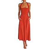 CHARTOU Women Sexy Spaghetti Strap Cut Out Smocked Dress Party Backless Flowy Midi Dress with Pocket
