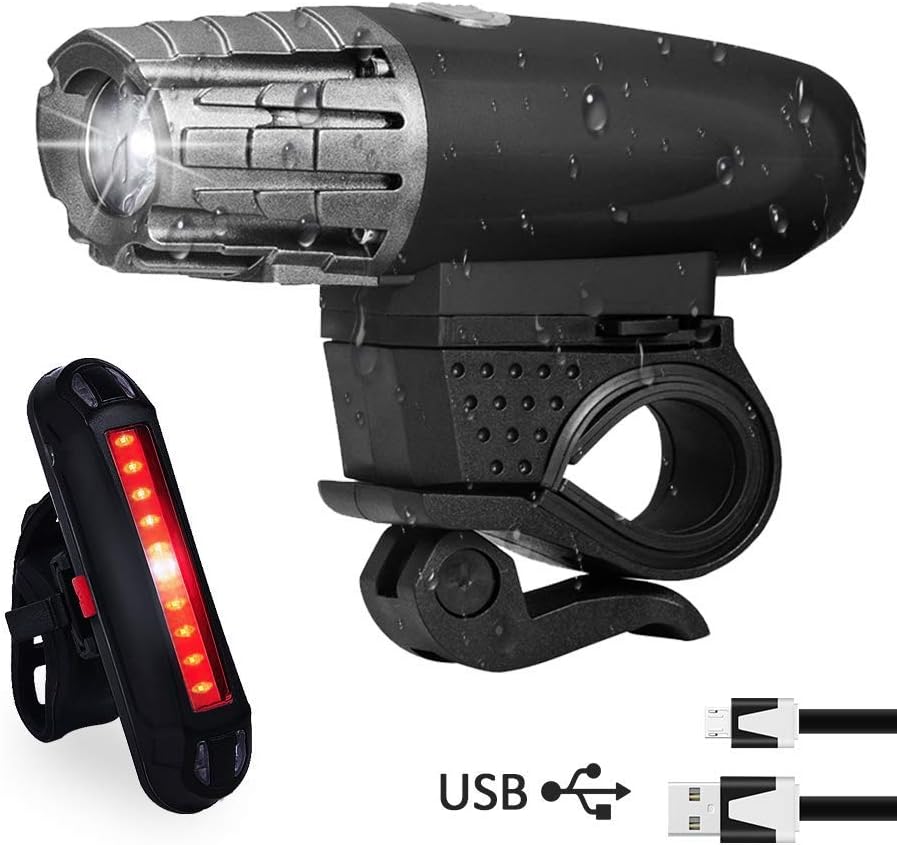 Karrong Bike Lights, LED Bike Light Set USB Rechargeable,Waterproof Front Bicycle Lights Headlight and Taillight,4 Modes Cycle Light Safety for Night