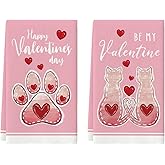 Artoid Mode Pink Cat Paw Print Love Heart Valentine's Kitchen Towels Dish Towels, 18x26 Inch Anniversary Wedding Decoration Cleaning Set of 2