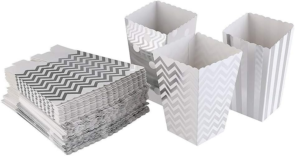 Silver Popcorn Boxes,Open-Top Popcorn Boxes,Mini Popcorn Boxes,Cardboard Popcorn Boxes - Party Decoration Supplies - Great for Any Parties and Events, Pack of 36