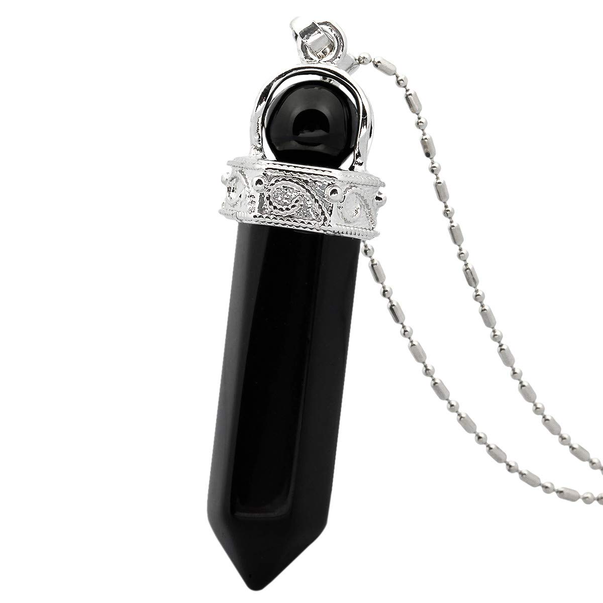 Nupuyai Black Agate Crystal Point Pendant Necklace for Women, Vintage Hexagonal Stone Pendulum Pendant with Chain